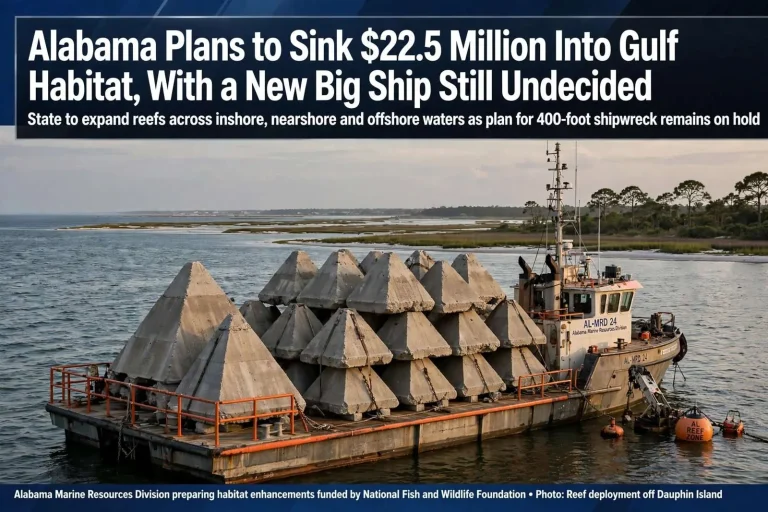 Illustration for the news story: Alabama Plans to Sink $22.5 Million Into Gulf Habitat, With a New Big Ship Still Undecided