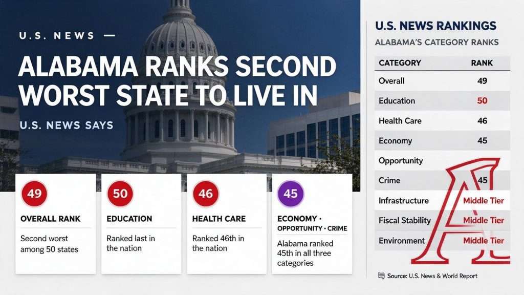 Illustration for the news story: Alabama ranks second worst state to live in, U.S. News says