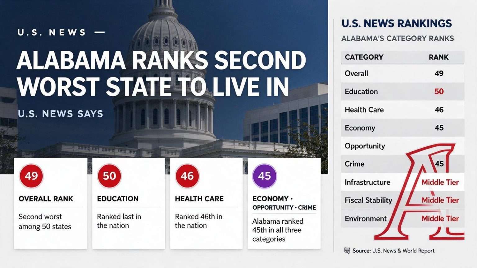 Illustration for the news story: Alabama ranks second worst state to live in, U.S. News says
