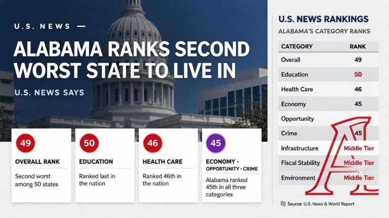 Illustration for the news story: Alabama ranks second worst state to live in, U.S. News says