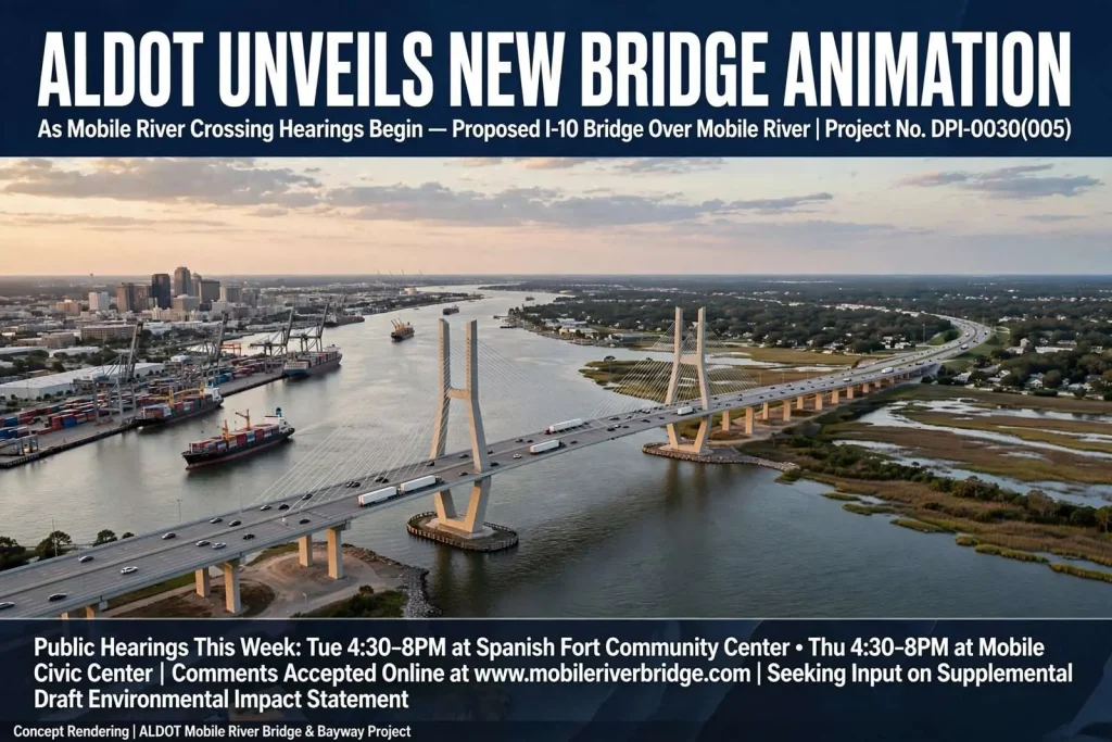 Illustration for the news story: ALDOT Unveils New Bridge Animation as Mobile River Crossing Hearings Begin