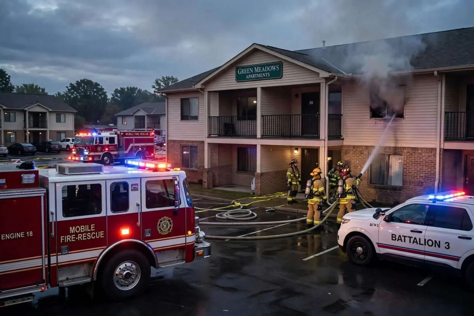 Illustration for the news story: Apartment Fire at Green Meadows Complex in Theodore Under Investigation