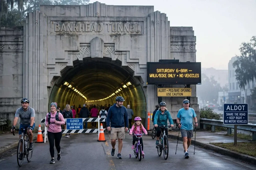 Illustration for the news story: Bankhead Tunnel Opens Its Lanes to Walkers and Cyclists on Saturday Mornings