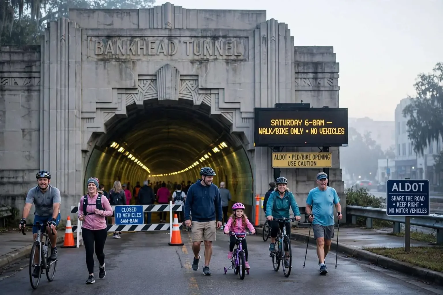 Illustration for the news story: Bankhead Tunnel Opens Its Lanes to Walkers and Cyclists on Saturday Mornings