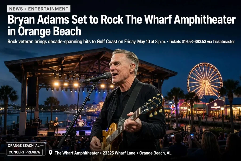 Illustration for the news story: Bryan Adams Set to Rock The Wharf Amphitheater in Orange Beach