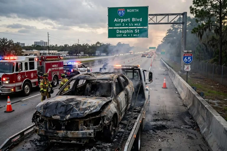 Illustration for the news story: Car Engulfed in Flames on I-65 Northbound Between Airport Blvd and Dauphin Street Exits