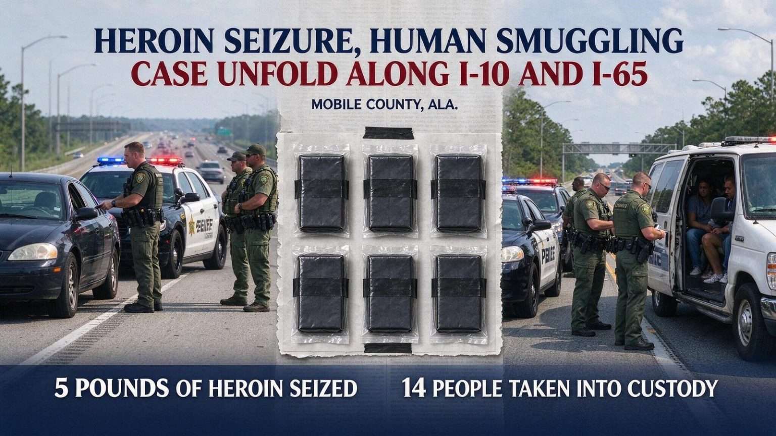 Illustration for the news story: Heroin Seizure, Human Smuggling Case Unfold Along I-10 and I-65 in Mobile County