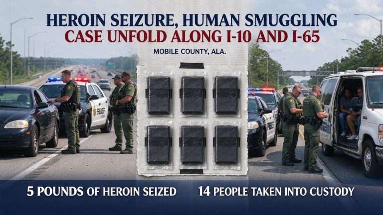 Illustration for the news story: Heroin Seizure, Human Smuggling Case Unfold Along I-10 and I-65 in Mobile County
