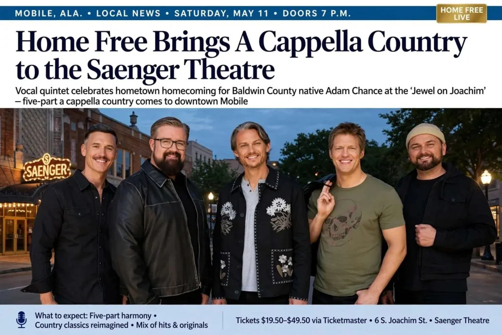 Illustration for the news story: Home Free Brings A Cappella Country to the Saenger Theatre