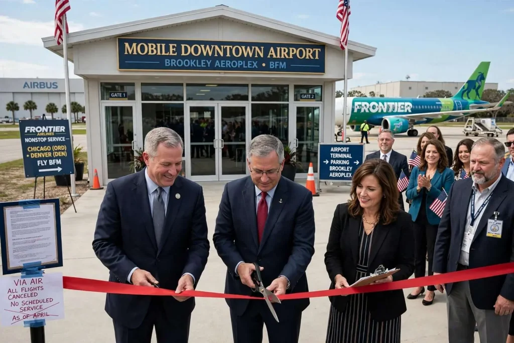 Illustration for the news story: Mobile Downtown Airport Opens as Via Air Stays Grounded