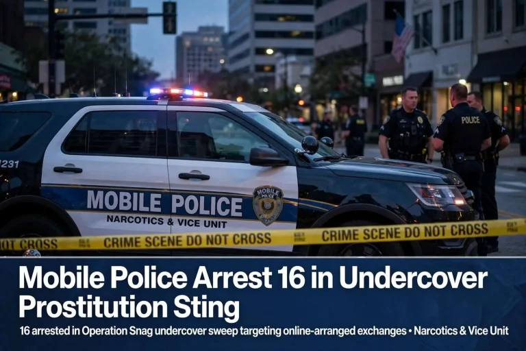 Illustration for the news story: Mobile Police Arrest 16 in Undercover Prostitution Sting