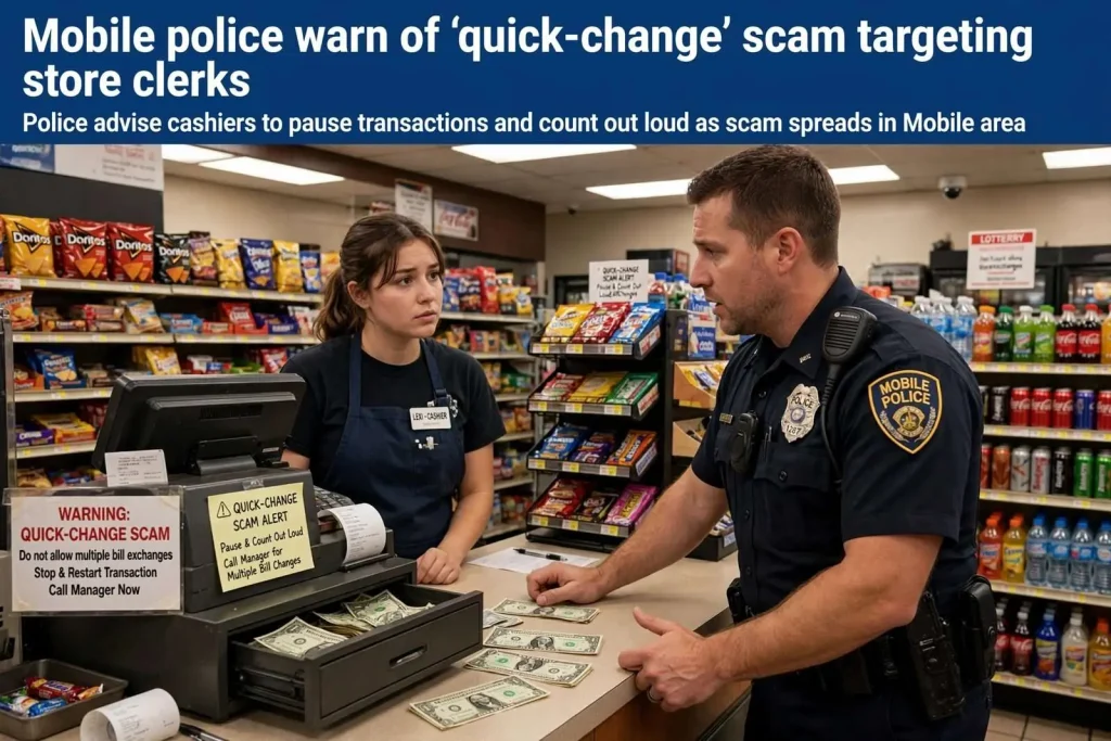 Illustration for the news story: Mobile police warn of ‘quick-change’ scam targeting store clerks