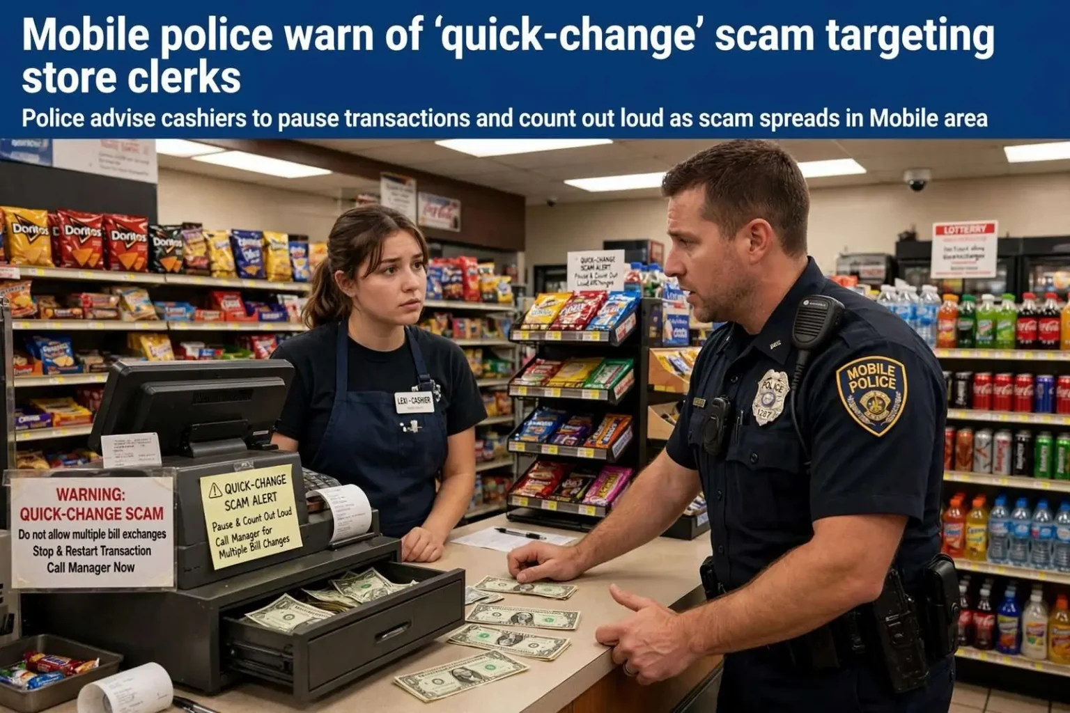 Illustration for the news story: Mobile police warn of ‘quick-change’ scam targeting store clerks