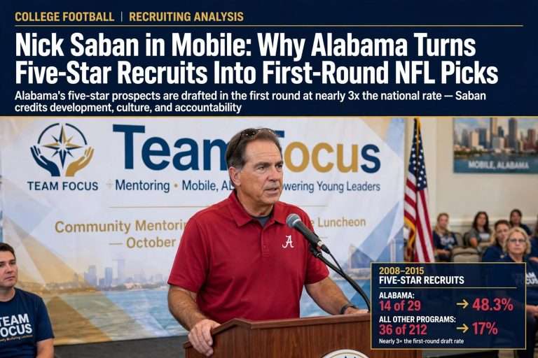 Illustration for the news story: Nick Saban in Mobile: Why Alabama Turns Five-Star Recruits Into First-Round NFL Picks