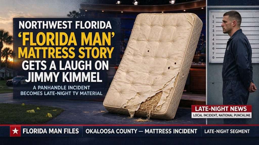 Illustration for the news story: Northwest Florida ‘Florida Man’ mattress story gets a laugh on Jimmy Kimmel