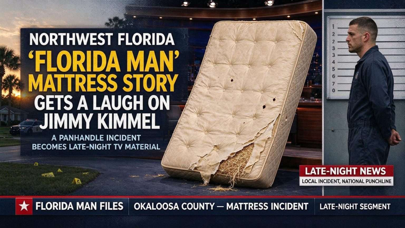 Illustration for the news story: Northwest Florida ‘Florida Man’ mattress story gets a laugh on Jimmy Kimmel