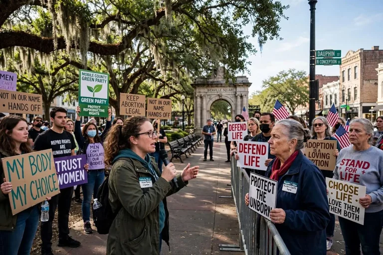 Illustration for the news story: Pro-Choice and Pro-Life Groups Face Off in Downtown Mobile Over Alabama Abortion Law
