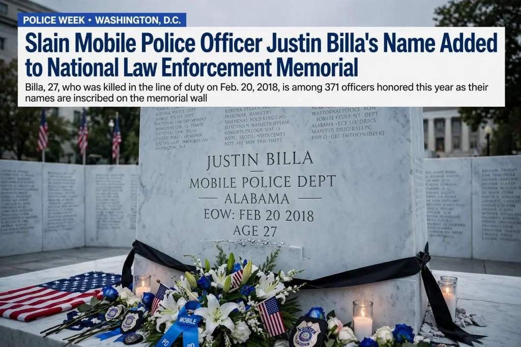 Illustration for the news story: Slain Mobile Police Officer Justin Billa’s name added to National Law Enforcement Memorial