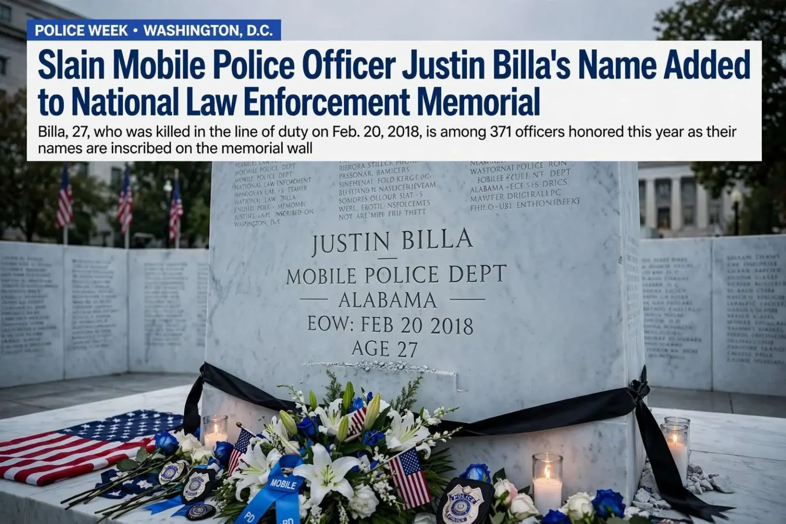 Illustration for the news story: Slain Mobile Police Officer Justin Billa’s name added to National Law Enforcement Memorial