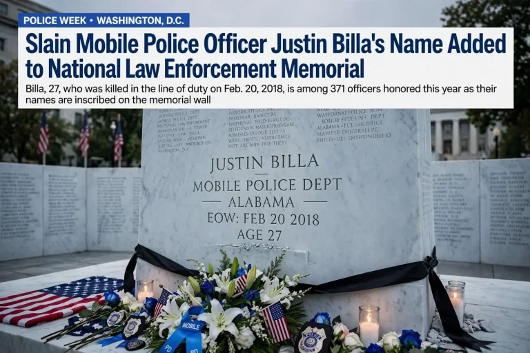 Illustration for the news story: Slain Mobile Police Officer Justin Billa’s name added to National Law Enforcement Memorial