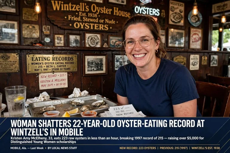 Illustration for the news story: Woman Shatters 22-Year-Old Oyster-Eating Record at Wintzell’s in Mobile