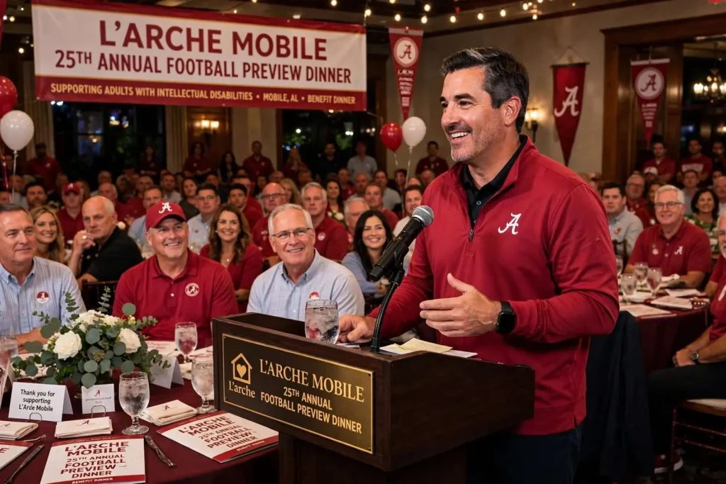 Illustration for the news story: Alabama OC Steve Sarkisian Wins Over Crowd at Mobile Football Dinner