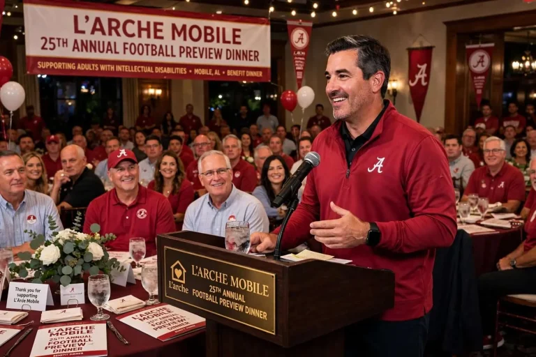 Illustration for the news story: Alabama OC Steve Sarkisian Wins Over Crowd at Mobile Football Dinner