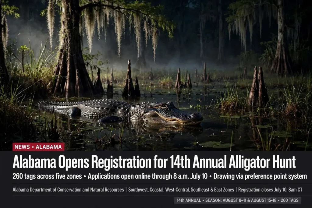 Illustration for the news story: Alabama Opens Registration for 14th Annual Alligator Hunt With 260 Tags Across Five Zones