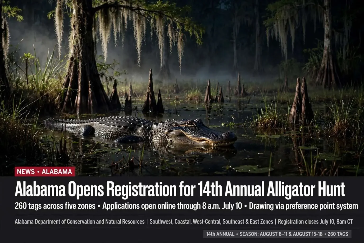 Illustration for the news story: Alabama Opens Registration for 14th Annual Alligator Hunt With 260 Tags Across Five Zones
