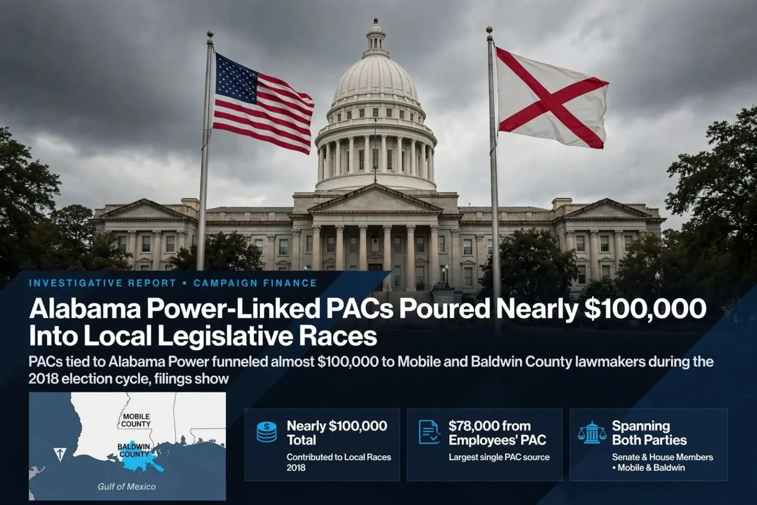 Illustration for the news story: Alabama Power-Linked PACs Poured Nearly $100,000 Into Local Legislative Races