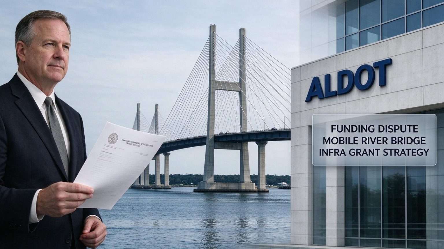 Illustration for the news story: ALDOT Pushes Back on Byrne’s Funding Criticism as Manzie Seeks Relief for Bridge-Impacted Neighborhoods