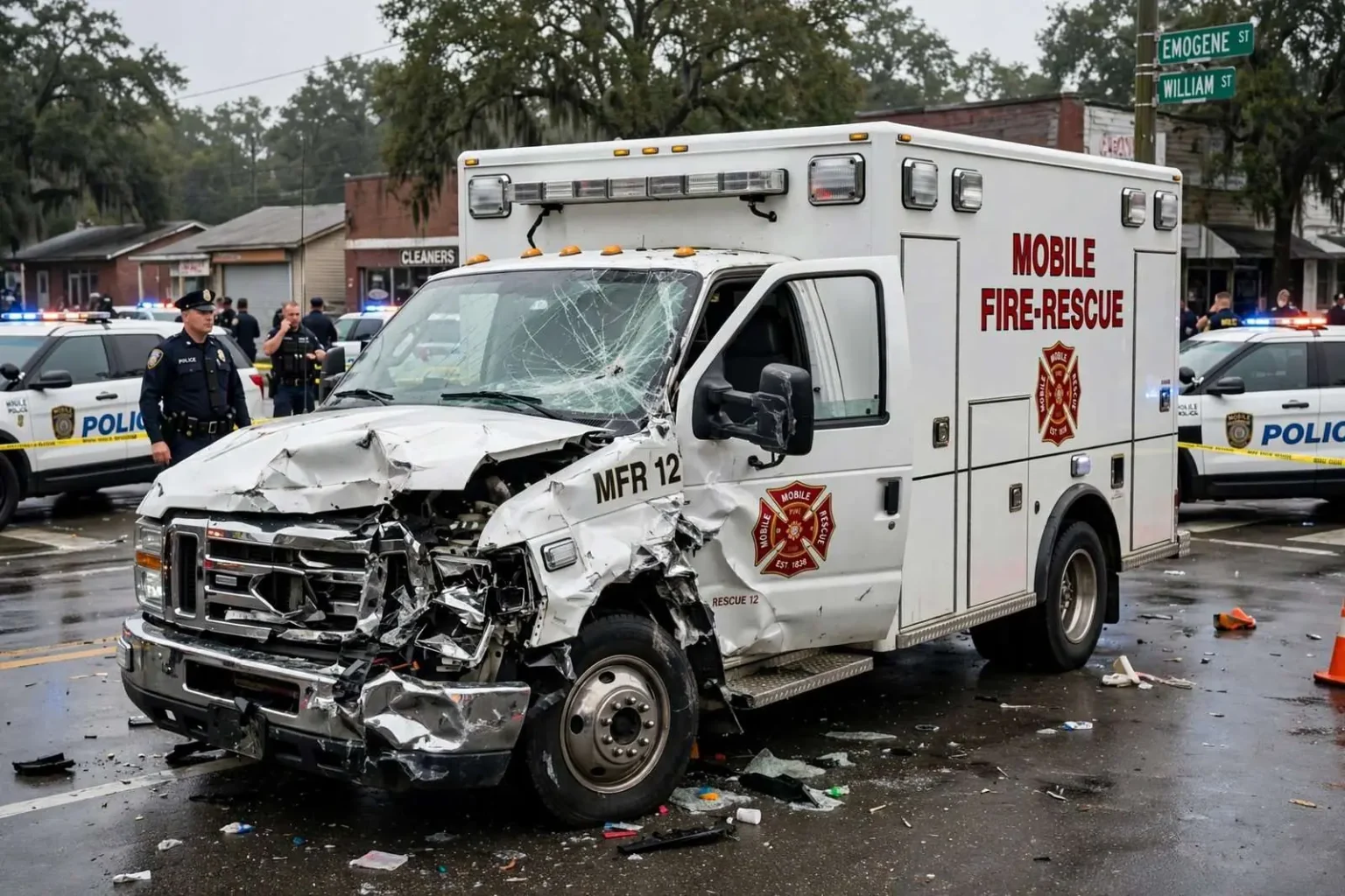 Illustration for the news story: Ambulance joyride results in moderate-to-major damage in Midtown Mobile