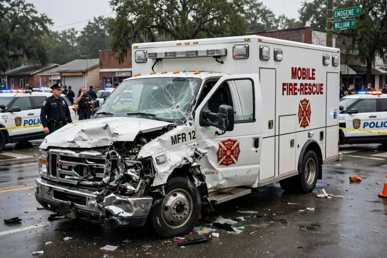 Illustration for the news story: Ambulance joyride results in moderate-to-major damage in Midtown Mobile