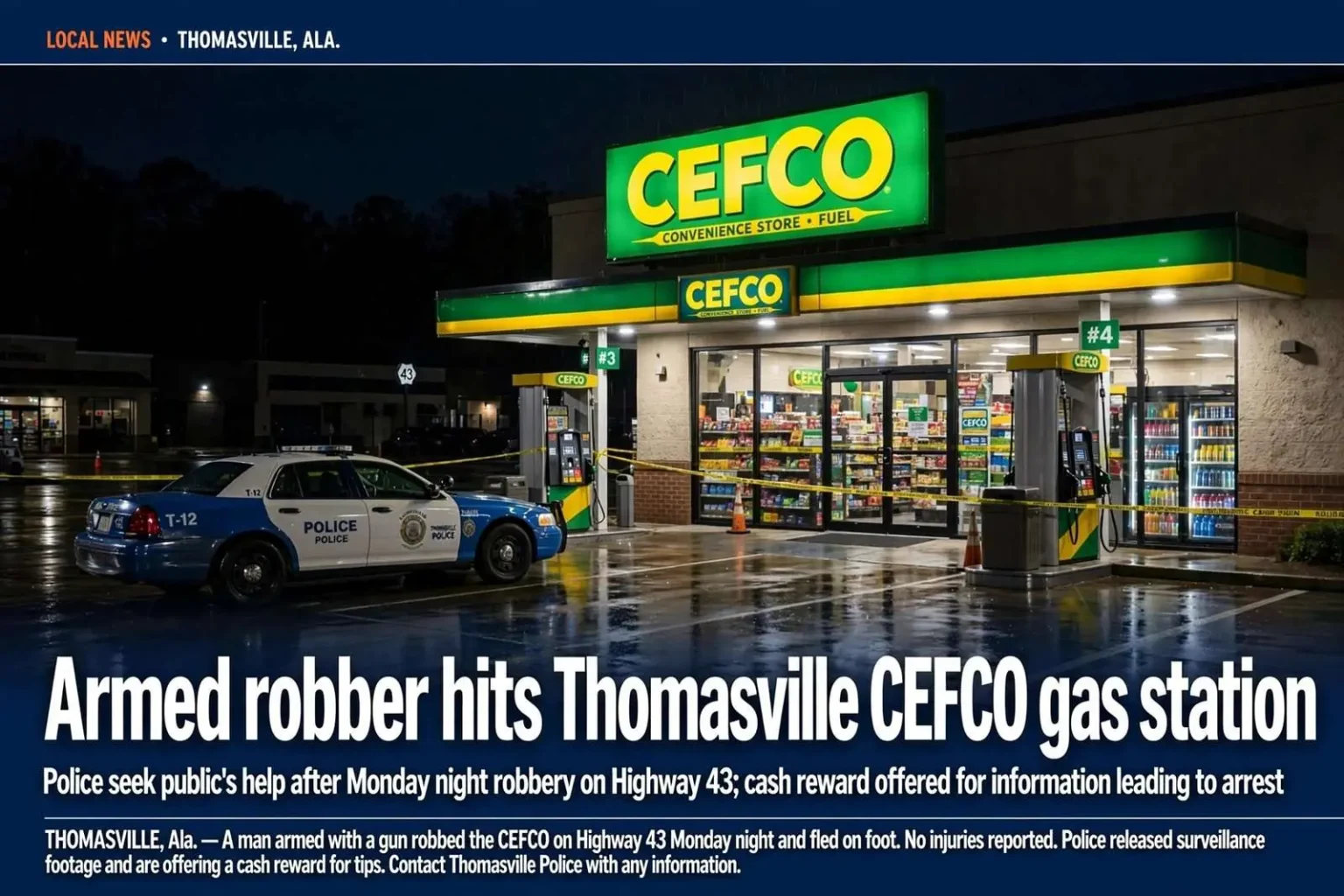 Illustration for the news story: Armed robber hits Thomasville CEFCO gas station