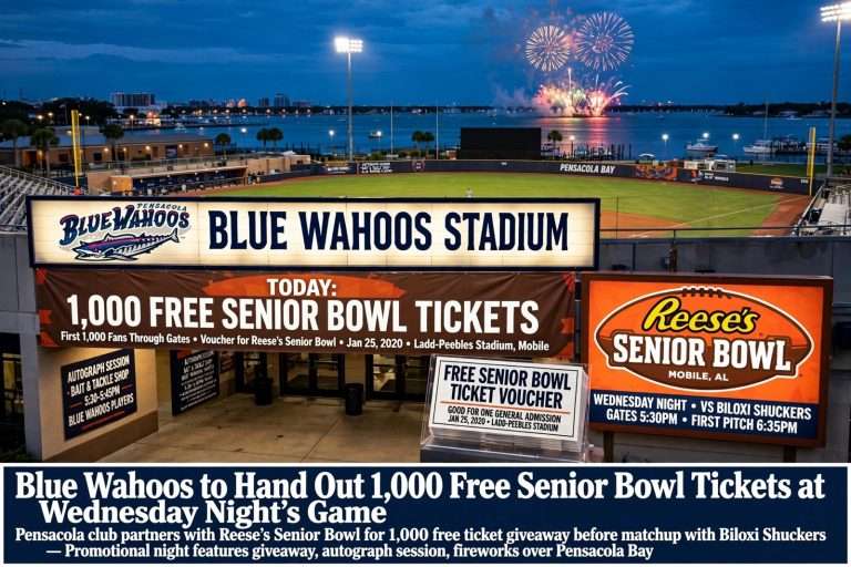 Illustration for the news story: Blue Wahoos to Hand Out 1,000 Free Senior Bowl Tickets at Wednesday Night’s Game