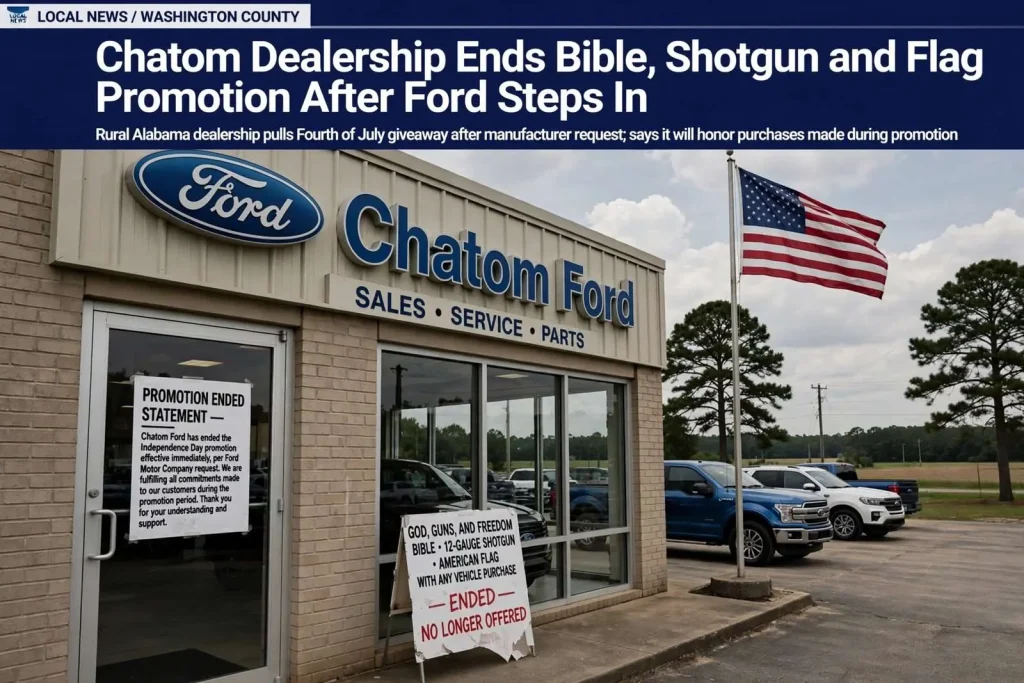 Illustration for the news story: Chatom Dealership Ends Bible, Shotgun and Flag Promotion After Ford Steps In
