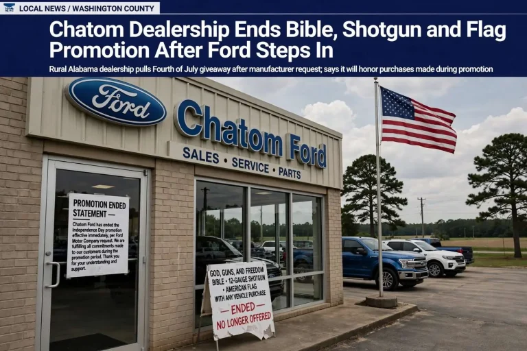 Illustration for the news story: Chatom Dealership Ends Bible, Shotgun and Flag Promotion After Ford Steps In