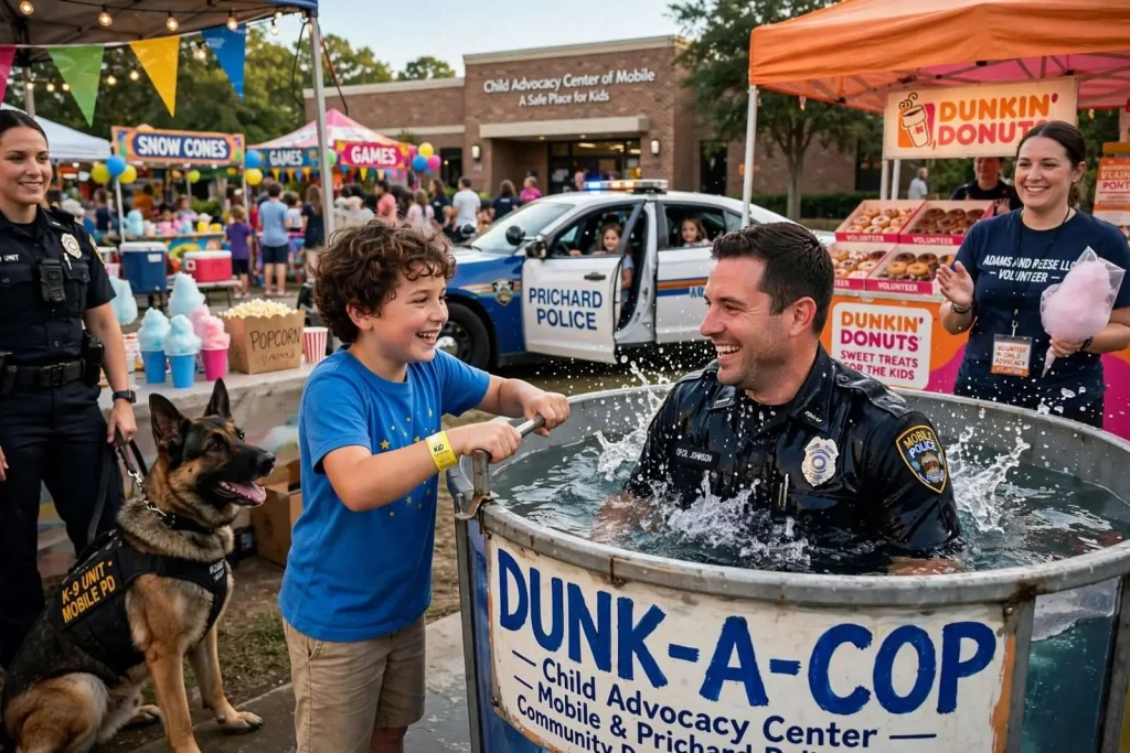 Illustration for the news story: Child Advocacy Center’s Dunk-A-Cop Helps Young Abuse Victims See Officers in a New Light
