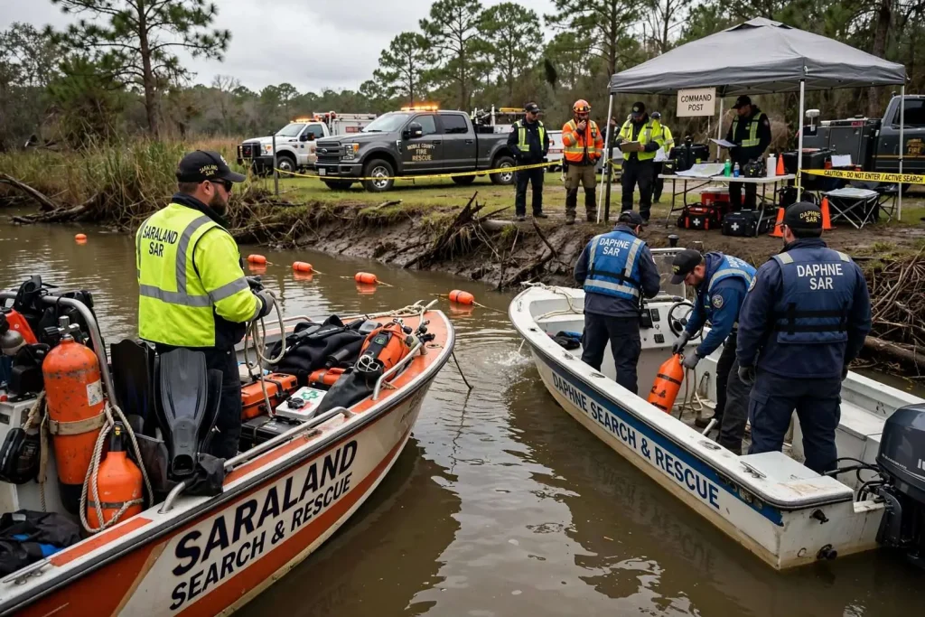 Illustration for the news story: Crews Search Chickasaw Creek After Diver Does Not Resurface
