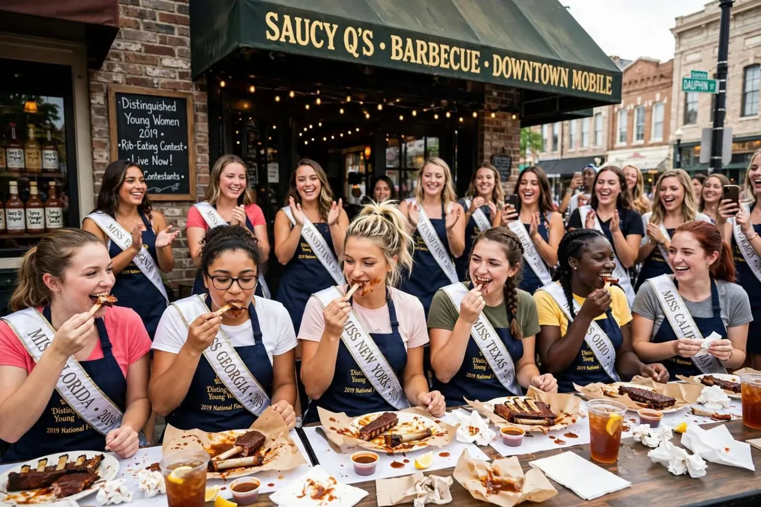 Illustration for the news story: Distinguished Young Women Take on Saucy Q Rib-Eating Contest in Downtown Mobile