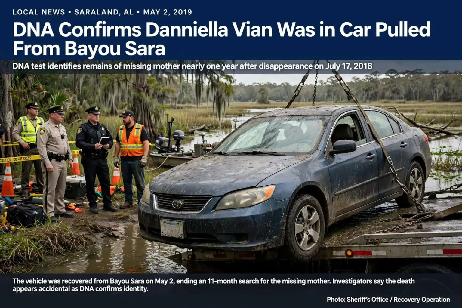 Illustration for the news story: DNA Confirms Danniella Vian Was in Car Pulled From Bayou Sara