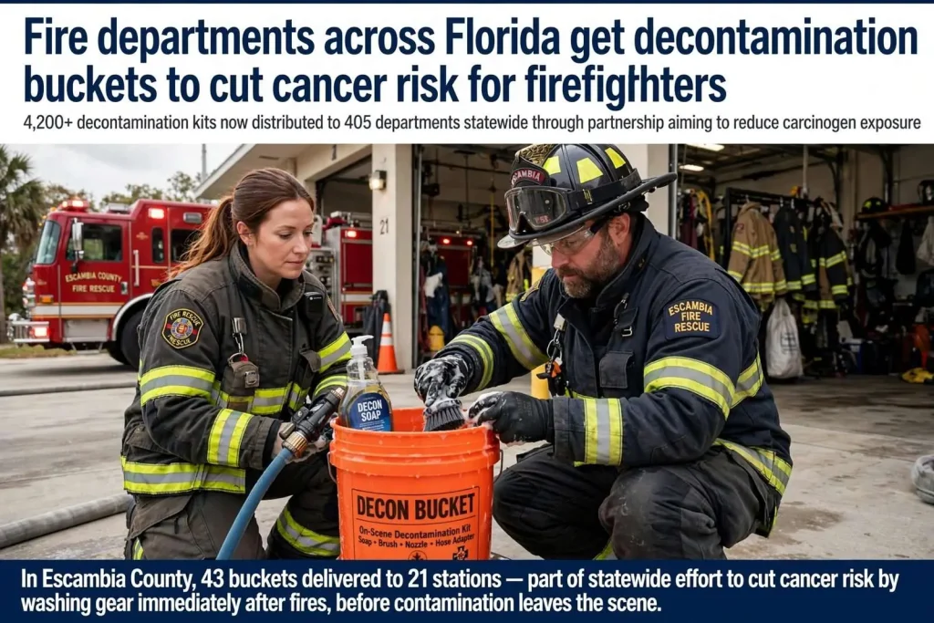 Illustration for the news story: Fire departments across Florida get decontamination buckets to cut cancer risk for firefighters