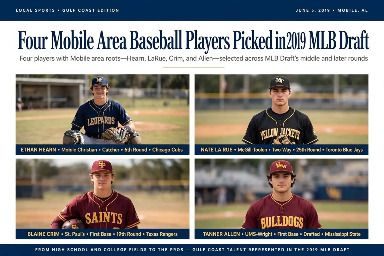Illustration for the news story: Four Mobile Area Baseball Players Picked in 2019 MLB Draft