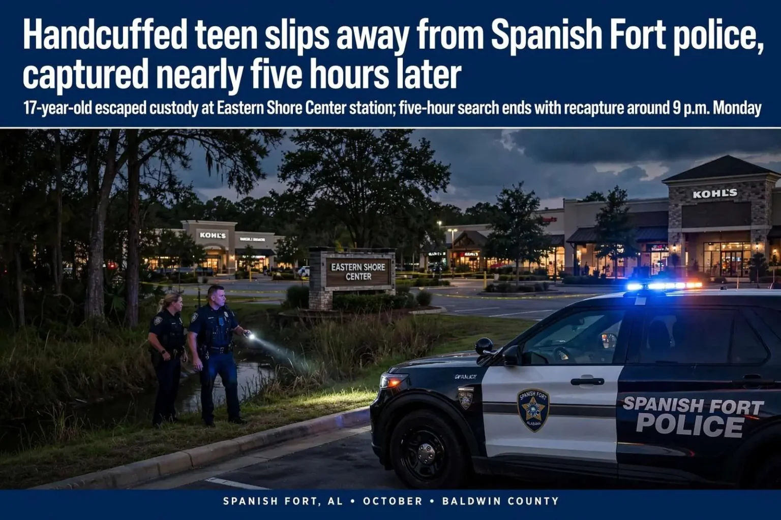Illustration for the news story: Handcuffed teen slips away from Spanish Fort police, captured nearly five hours later