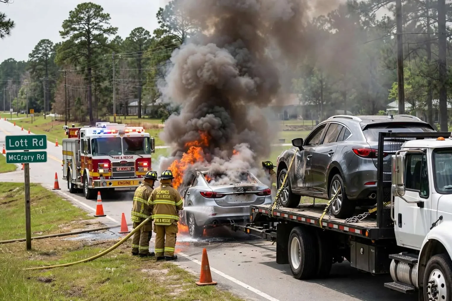 Illustration for the news story: Hauled Car Catches Fire on Lott Road Near Semmes