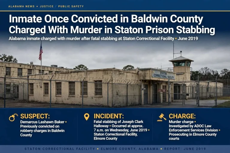 Illustration for the news story: Inmate Once Convicted in Baldwin County Charged With Murder in Staton Prison Stabbing