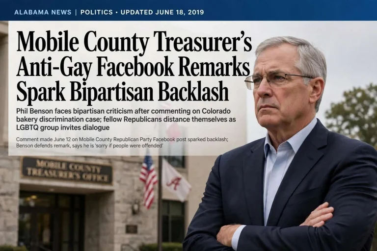 Illustration for the news story: Mobile County Treasurer’s Anti-Gay Facebook Remarks Spark Bipartisan Backlash
