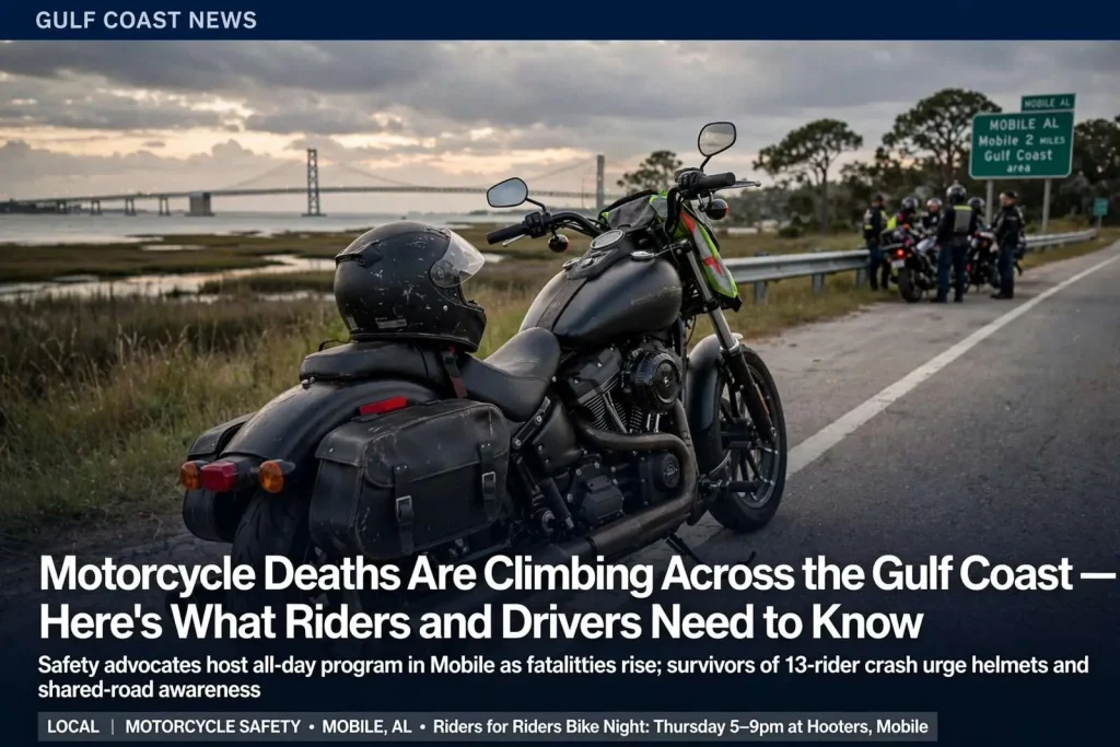 Illustration for the news story: Motorcycle Deaths Are Climbing Across the Gulf Coast — Here’s What Riders and Drivers Need to Know