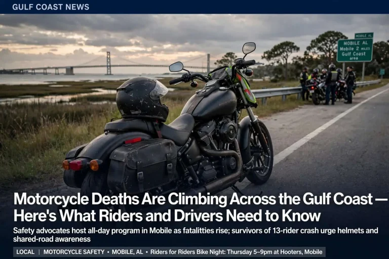 Illustration for the news story: Motorcycle Deaths Are Climbing Across the Gulf Coast — Here’s What Riders and Drivers Need to Know