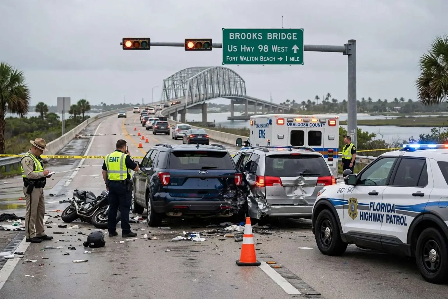 Illustration for the news story: Motorcyclist Critically Hurt After Rear-End Crash Near Brooks Bridge in Fort Walton Beach